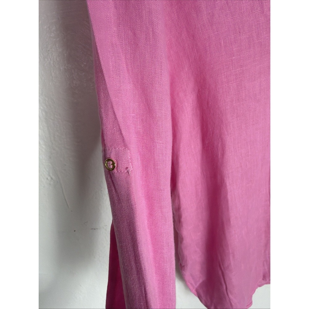 ZARA 100% Linen Roll Tab Button Up Shirt Medium Pink Coastal Barbiecore S - Picture 3 of 8
